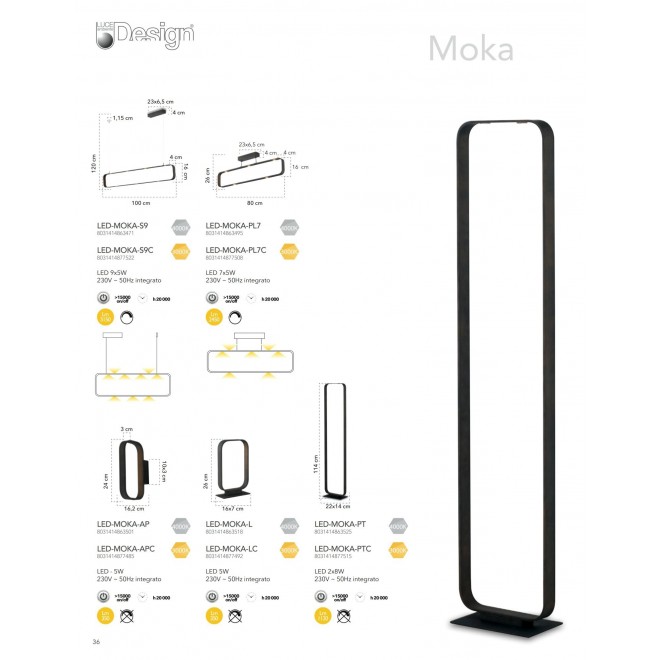 FANEUROPE LED-MOKA-PTC | Moka-Caffe Faneurope álló lámpa Luce Ambiente Design 114cm kapcsoló 2x LED 1120lm 3000K mokka