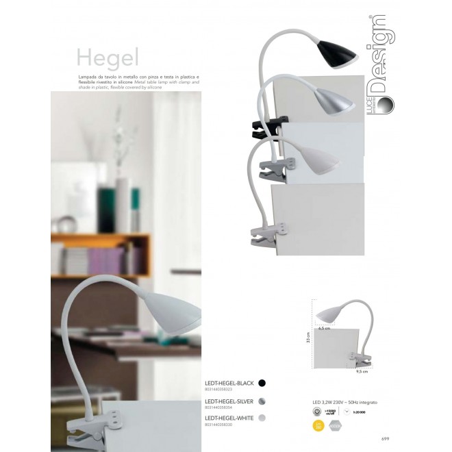 FANEUROPE LEDT-HEGEL-WHITE | Hegel Faneurope csiptetős lámpa Luce Ambiente Design kapcsoló flexibilis 1x LED 260lm 4000K fehér, opál