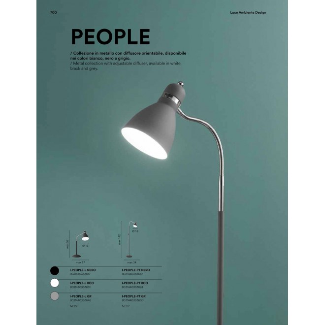 FANEUROPE I-PEOPLE-PT NERO | People Faneurope álló lámpa Luce Ambiente Design 142cm vezeték kapcsoló flexibilis 1x E27 króm, fekete, fehér