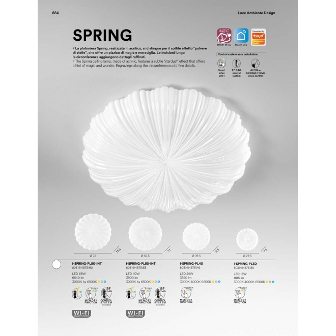 FANEUROPE I-SPRING-PL80-INT | SMART-INTEC-Spring-FE Faneurope mennyezeti okos világítás Luce Ambiente Design kerek távirányító hangvezérlés, szabályozható fényerő, állítható színhőmérséklet 1x LED 6600lm 3000 - 4000 - 6000K opál, kristály hatás