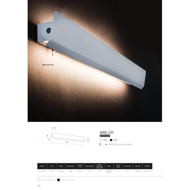 NOWODVORSKI 7550 | Wing Nowodvorski fali lámpa kapcsoló T8 LED fényforráshoz tervezve, elforgatható alkatrészek 1x G13 / T8 1700lm 3000K fekete